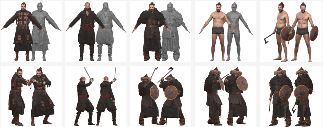 Male Body Scans in dynamic poses such as swinging a saber, slashing with a sword, or defensive stances using a shield and axe